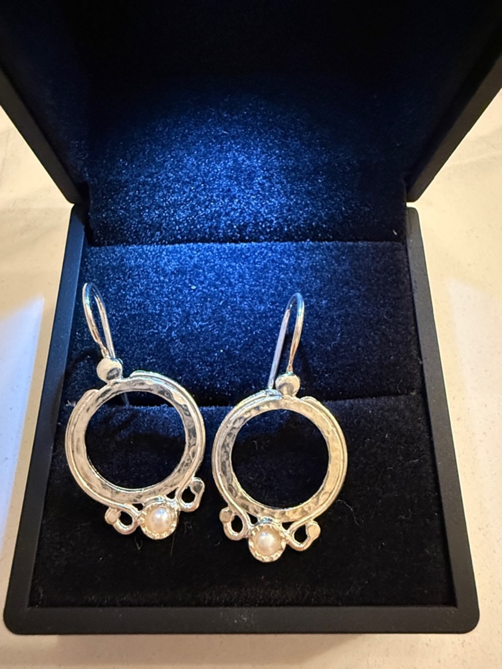Sterling Silver Pearl Drop Hoop Earrings - Silver